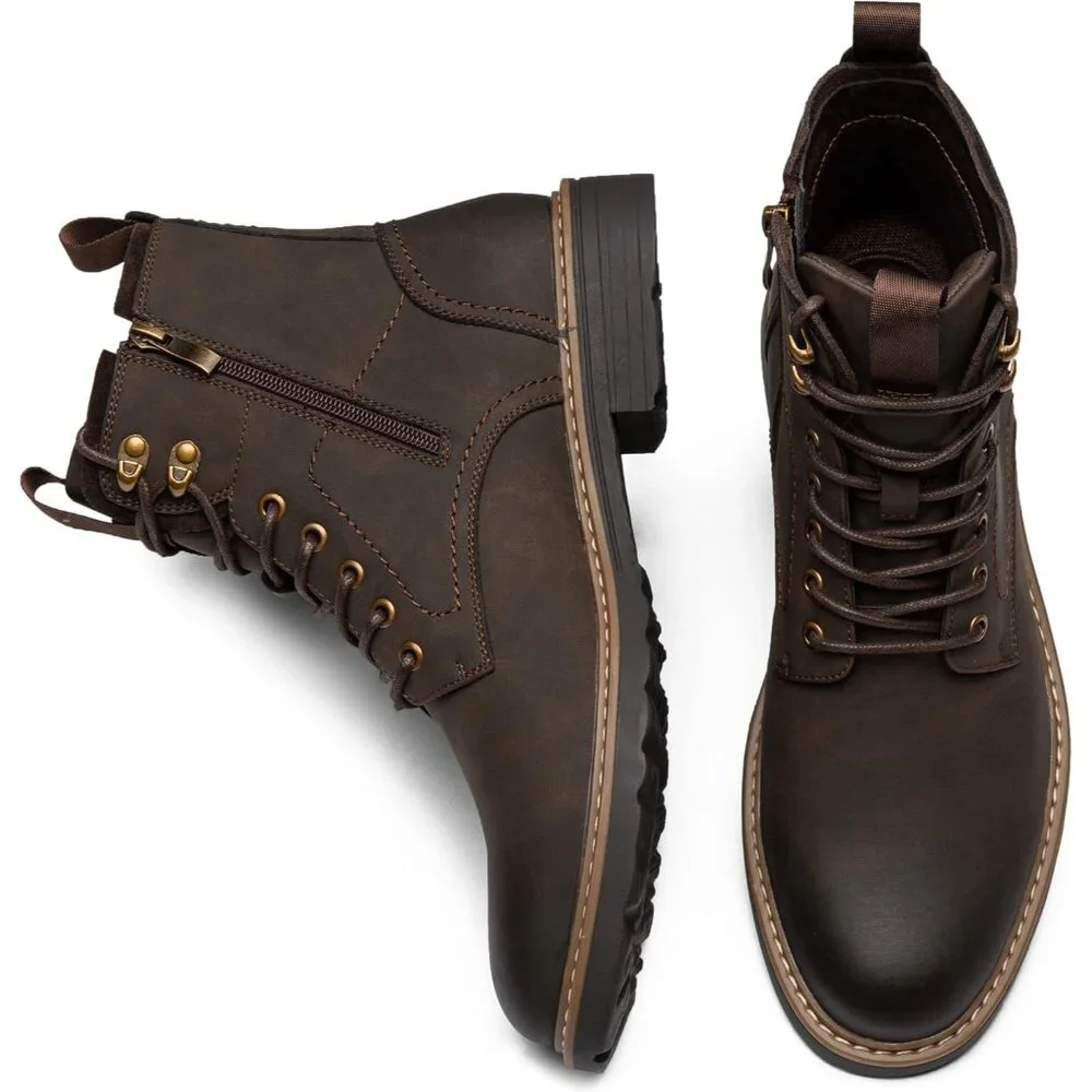⚡Men's Brown Motorcycle Lace Up Casual Leather Boots Zipper Fashion Chukka Boot